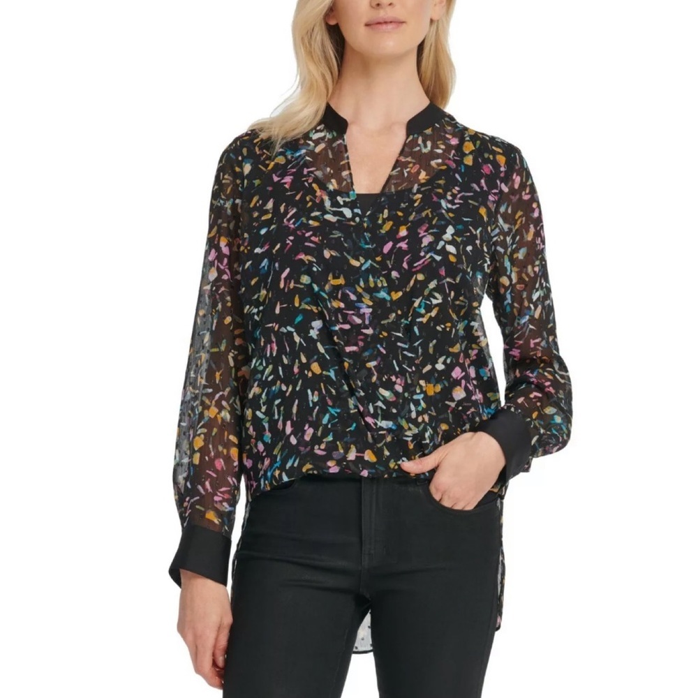DKNY Crossover Printed Mesh Blouse XS